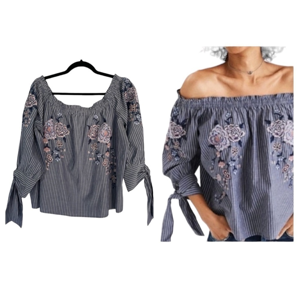 American Eagle Embroidered Floral Striped Off the Shoulder Top Blouse Large
